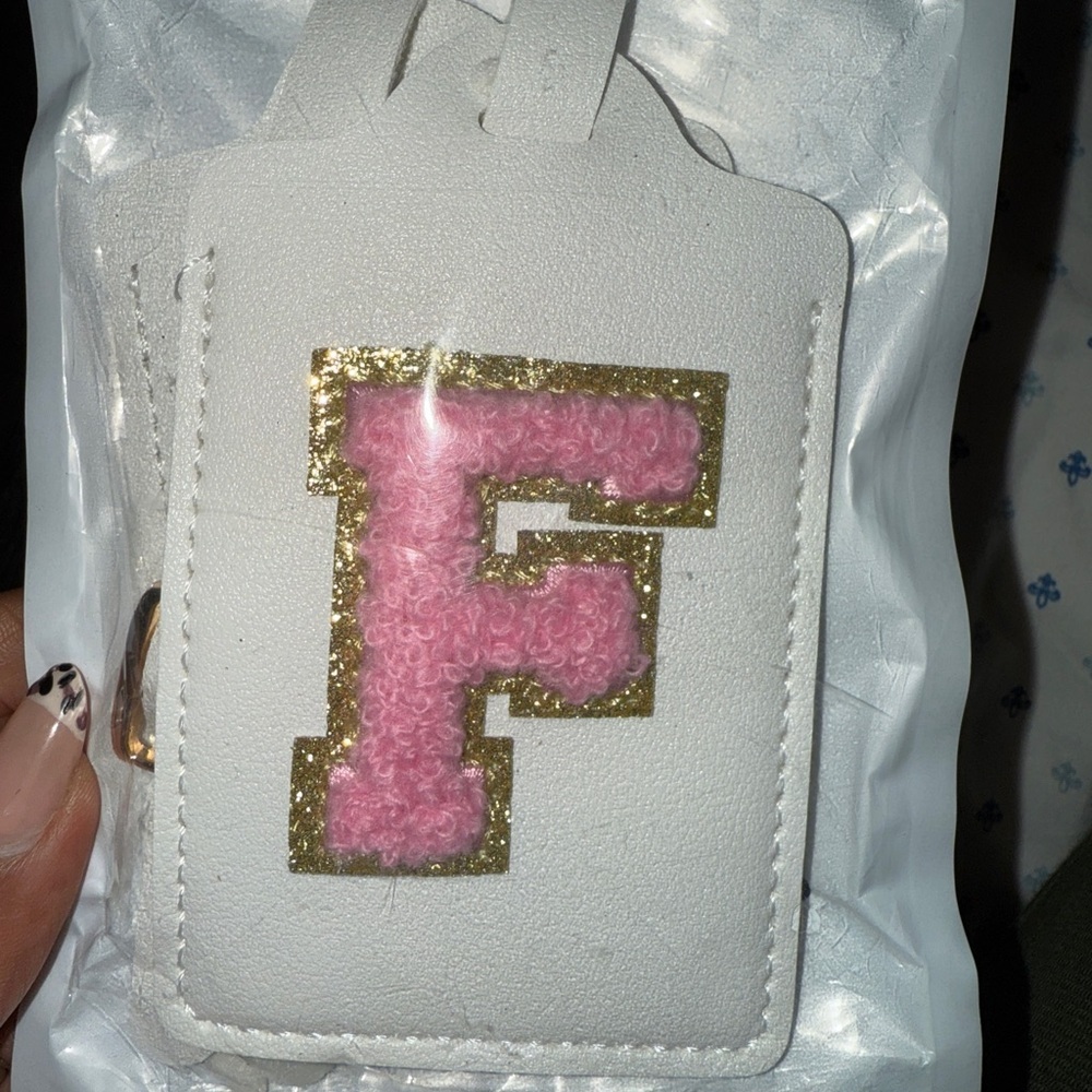 2 pack initial monogram White and Pink Luggage Tag with Gold outline- travel